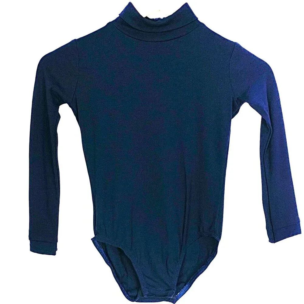 J.B. Bloomers Navy Youth Small Mockneck Long Sleeve Bodysuit Leotard Zip Back
